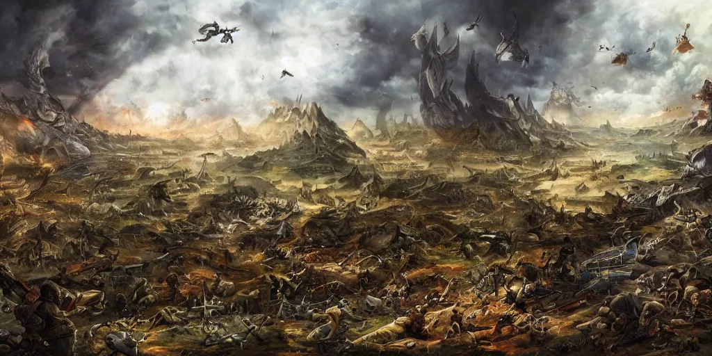 Prompt: an epic painting of a fantasy battlefield after the combat, dead and wounded lying around, devastation everywhere, artwork, detailed