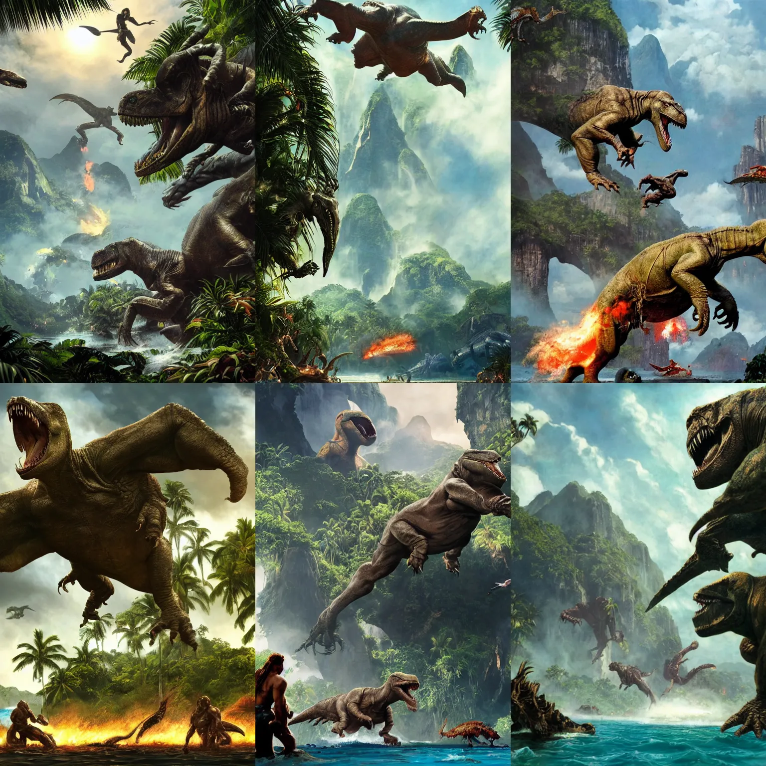 Prompt: epic composition, tropical Island, by Frank frazetta, Action, from jurassic World (2015), from pacific rim (2013) from King kong (2005), farcry, cryengine, cgsociety, ArtStation, by drew struzan, by James gurney