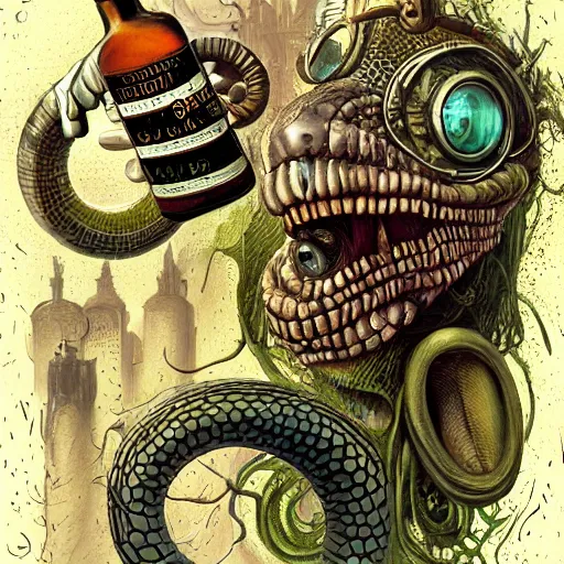 Image similar to a grinning anthropomorphic snake selling bottles of medicine, fantasy, steampunk, dave mckean, hr giger, peter mohrbacher, wayne barlowe