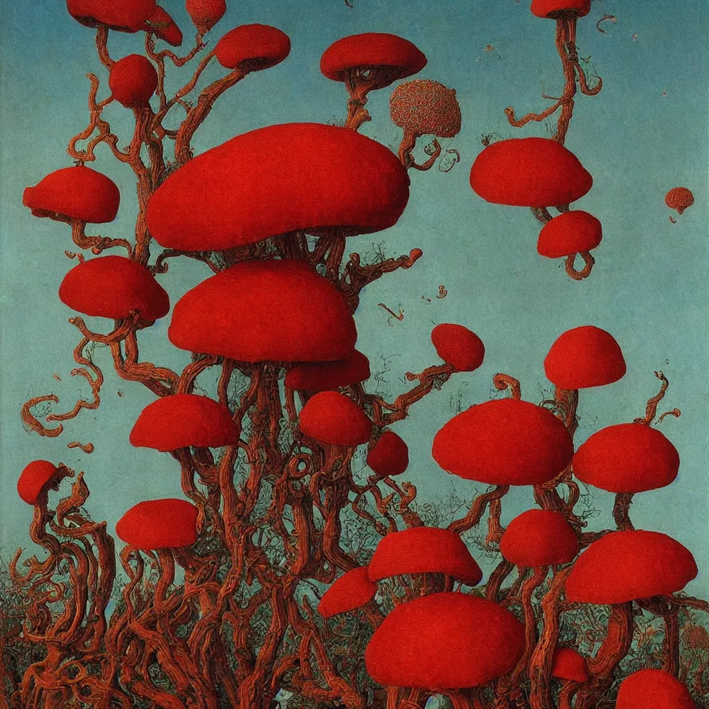 Prompt: a single colorful! ( lovecraftian ) red fungus tower white! clear empty sky, a high contrast!! ultradetailed photorealistic painting by jan van eyck, audubon, rene magritte, agnes pelton, max ernst, walton ford, andreas achenbach, ernst haeckel, hard lighting, masterpiece