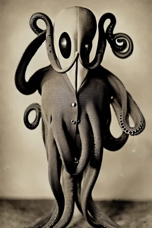 Image similar to anthropomorphic octopus , wearing a suit, tentacles spilling out of the collar, vintage photograph, sepia