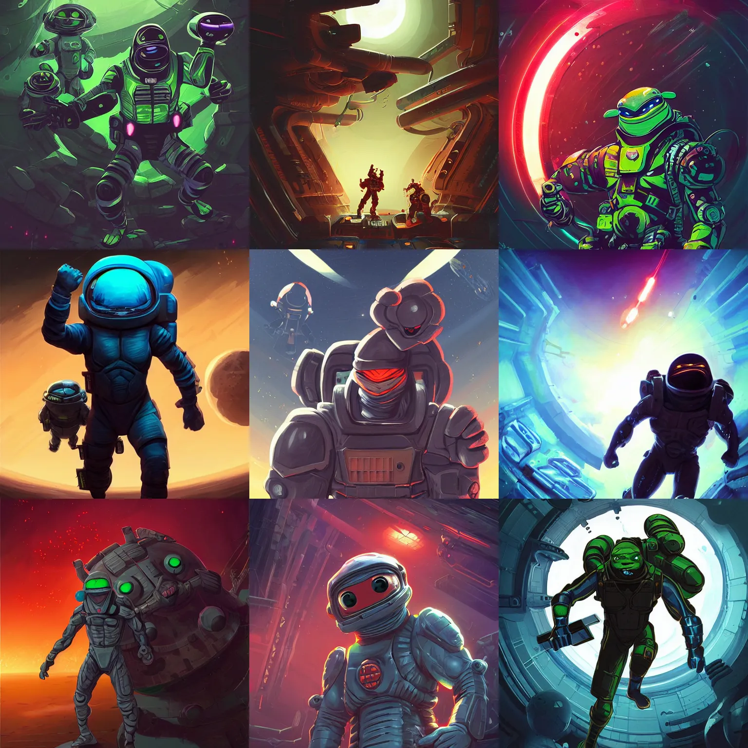 Prompt: Sci-fi Ninja turtle warrior in a spacesuit exploring alien infested space station, dark, foreboding, dark video game icon design, 2d game fanart, Behance HD, by Jesper Ejsing, highly detailed, by RHADS, Makoto Shinkai and Lois van Baarle, Ilya Kuvshinov, Rossdraws, global illumination