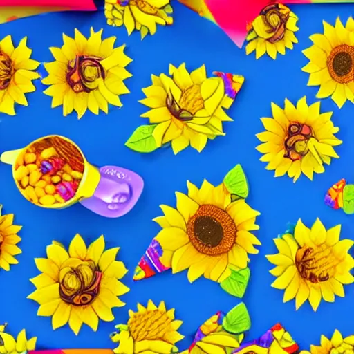 Image similar to a sunflower emoji, unicorns im background, candyland.