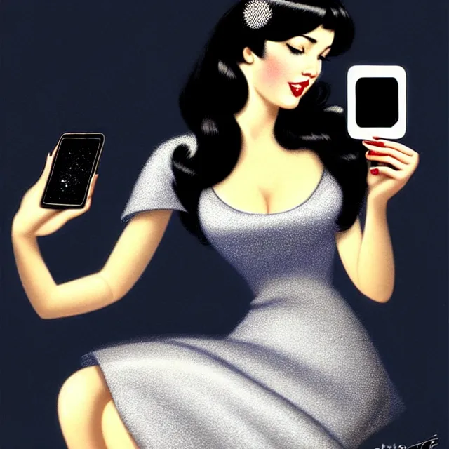 Prompt: epic professional digital art Key visual of a stunningly attractive office admin with straight black hair in a sparkly silver dress looking at her iphone, office background, by Gil Elvgren and Dorian Cleavanger, best on artstation, cgsociety, wlop, Behance, pixiv, cosmic, epic, stunning, gorgeous, much detail, much wow, masterpiece