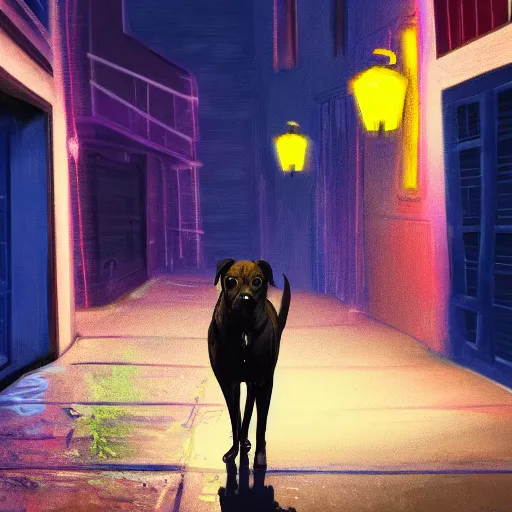 Image similar to stray dog sits alone in a dark alleyway at night with neon city lights glowing in the distance, 4 k, digital painting, photorealism, lighting study