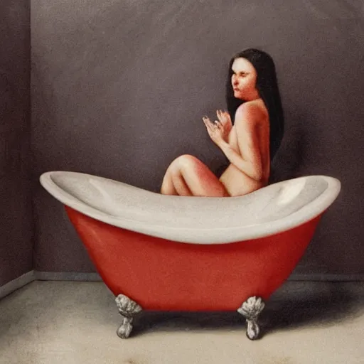 Prompt: bath filled with strawberries, woman sitting inside