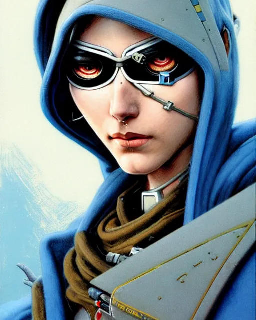 Image similar to ana from overwatch, eye patch, white hair, hooded blue cloak, character portrait, portrait, close up, concept art, intricate details, highly detailed, vintage sci - fi poster, in the style of chris foss, rodger dean, moebius, michael whelan, and gustave dore