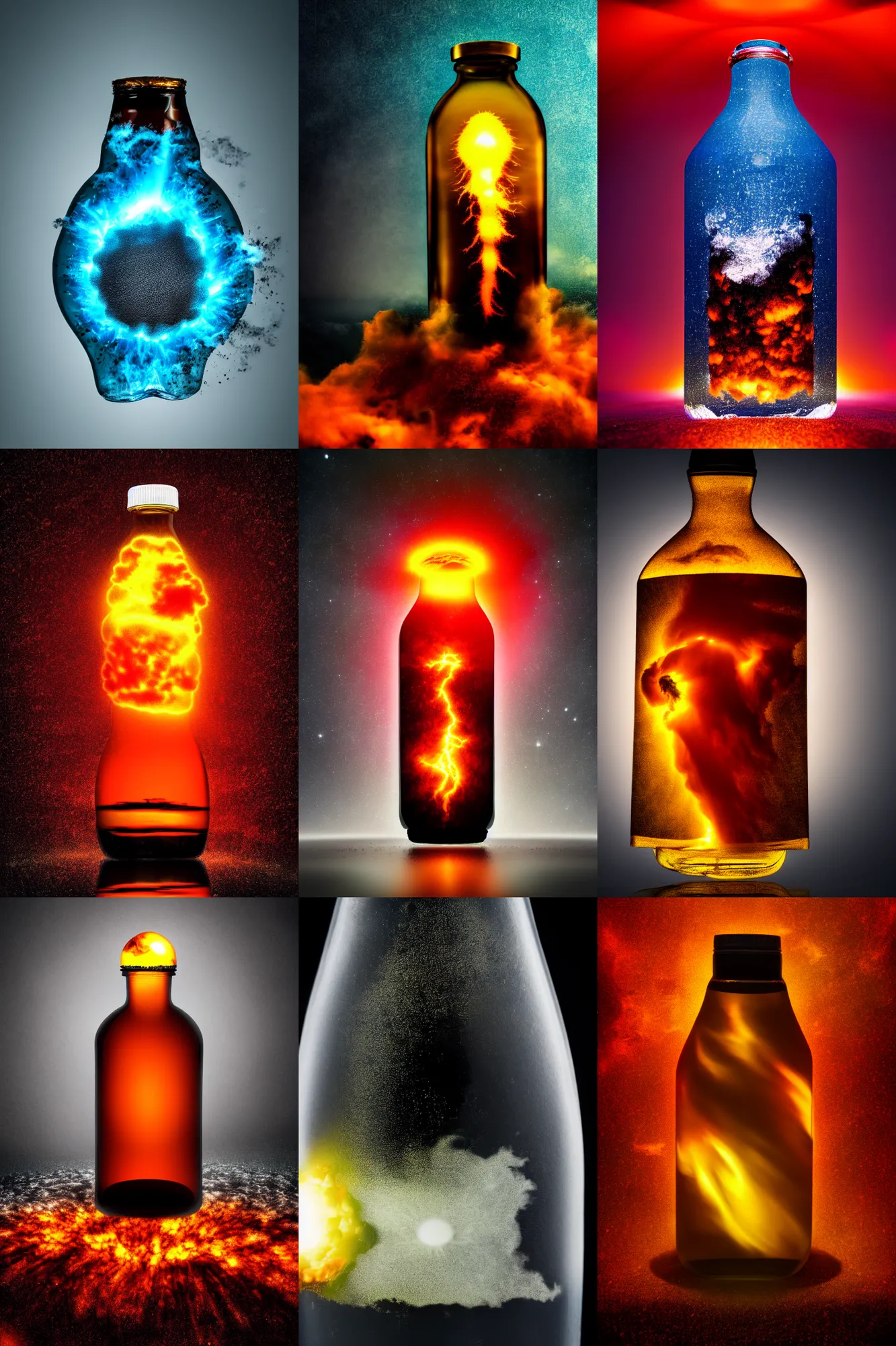 Prompt: a nuclear explosion inside of a bottle, studio photography, 4 k, high quality