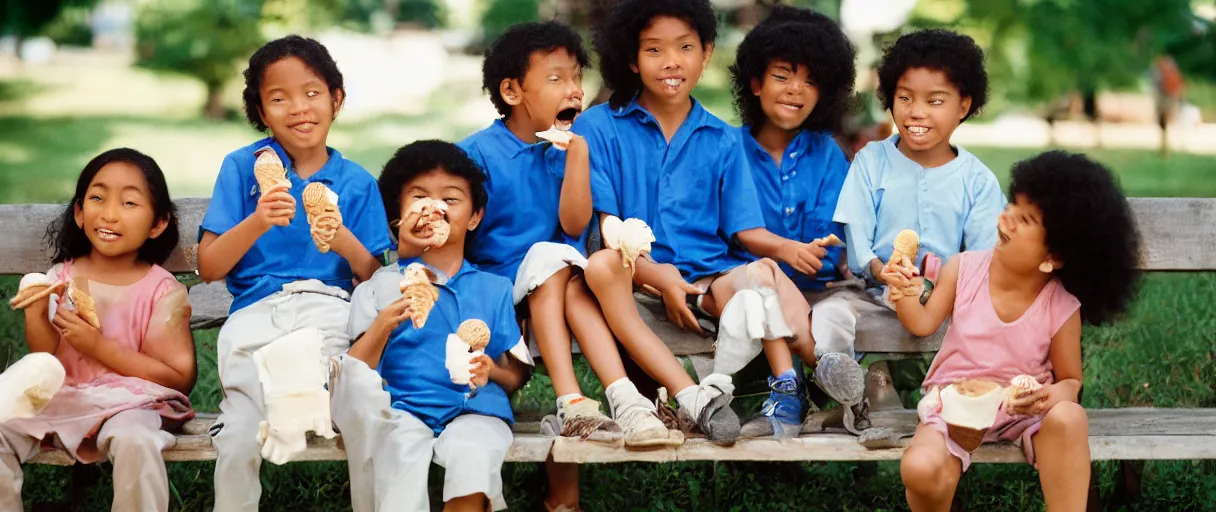 Prompt: a photograph for advertising of multicultural kids on a bench eating ice cream shot by annie leibovitz, shallow depth of field, background school yard, kodak porto 4 0 0 film stock, zeiss 8 5 mm f 1. 2 color corrected and pts processed