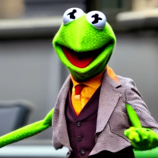 Image similar to Kermit the Frog wearing a suit, sitting in front of a microphone, shouting at congress.