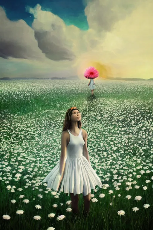 Image similar to giant white daisy flower as head, full body girl dancing in a flower field, surreal photography, sunrise, dramatic light, impressionist painting, colorful clouds, digital painting, artstation, simon stalenhag