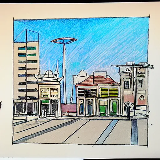 Prompt: drawing of a square in tel aviv with bauhaus buildings. art. colored. highly detailed. pen drawing water colors.