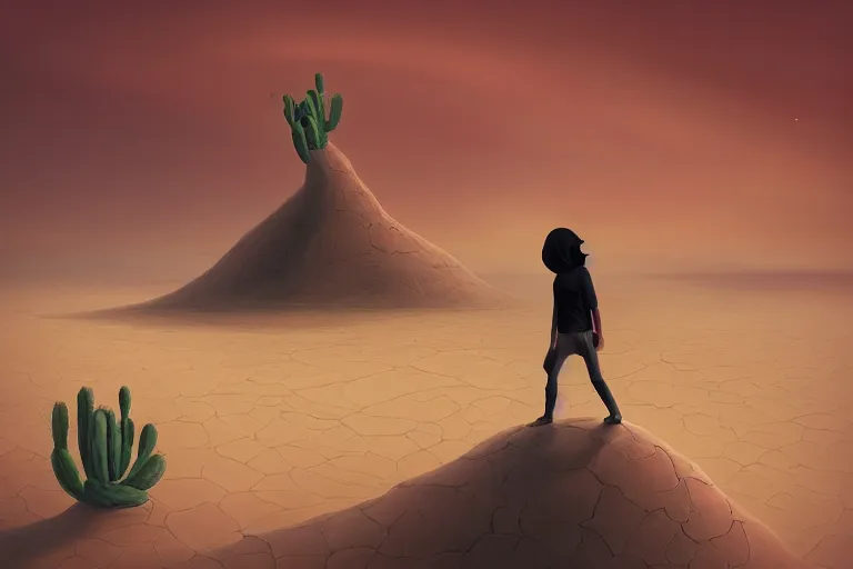 Image similar to a smal sobing sad black siluet of a person, centered by Cyril Rolando, a dystopian desert with somber Cacti, sandy colours, sandy green, sandy, sandy beige, trending on DeviantArt, desolated, dark, 8k resolution, rendered in zbrush