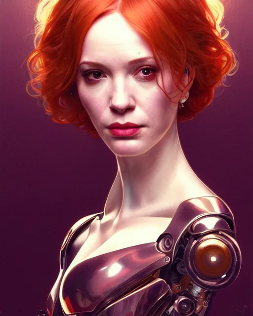 Image similar to portrait of christina hendricks as a robot in ex machina, cyberpunk machine, machine face, robed, upper half portrait, decorated, intricate intense elegant highly detailed digital painting artstation concept art smooth sharp focus illustration, art by artgerm and greg rutkowski alphonse mucha 8 k