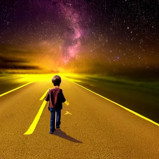 Prompt: a boy walking on road going to other dimensions at the night, stars glowing in sky and on road