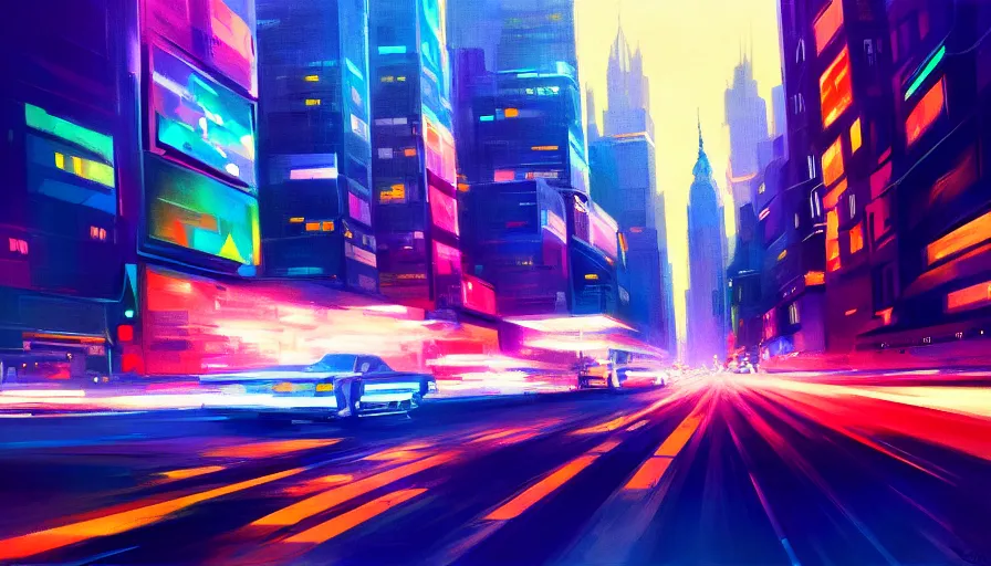 Prompt: concept art by jama jurabaev, cel shaded, cinematic shot, trending on artstation, high quality, brush stroke, hyperspace, vibrant colors, long exposure of new york traffic