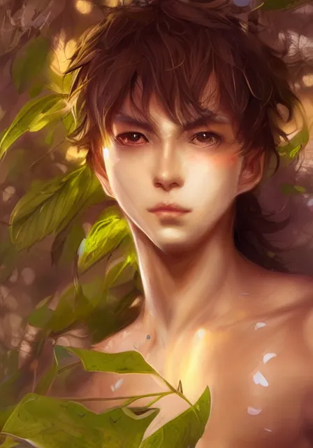 Image similar to A realistic anime portrait of a handsome dryad with glowing green eyes and tree bark skin wearing clothes made of leaves, digital painting, by Stanley Artgerm Lau, Sakimichan, WLOP and Rossdraws, digtial painting, trending on ArtStation, SFW version