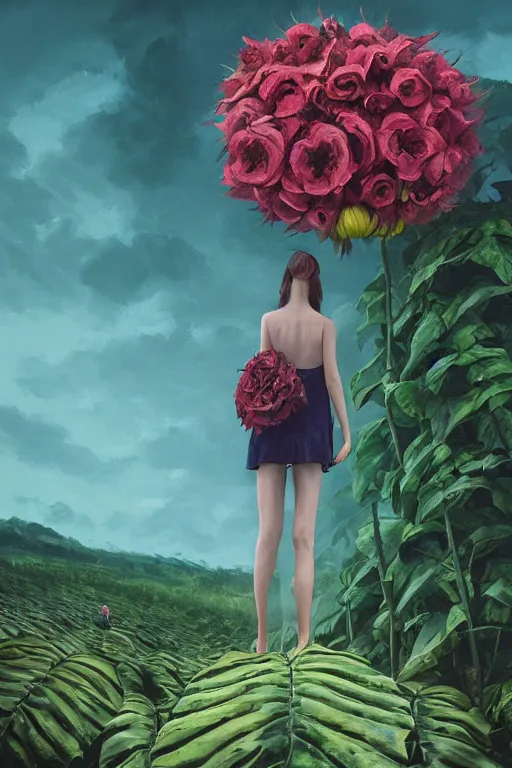 Image similar to closeup, giant flowers head, girl standing between monsteras, surreal photography, wind and cold, dramatic sky, impressionist painting, digital painting, artstation, simon stalenhag