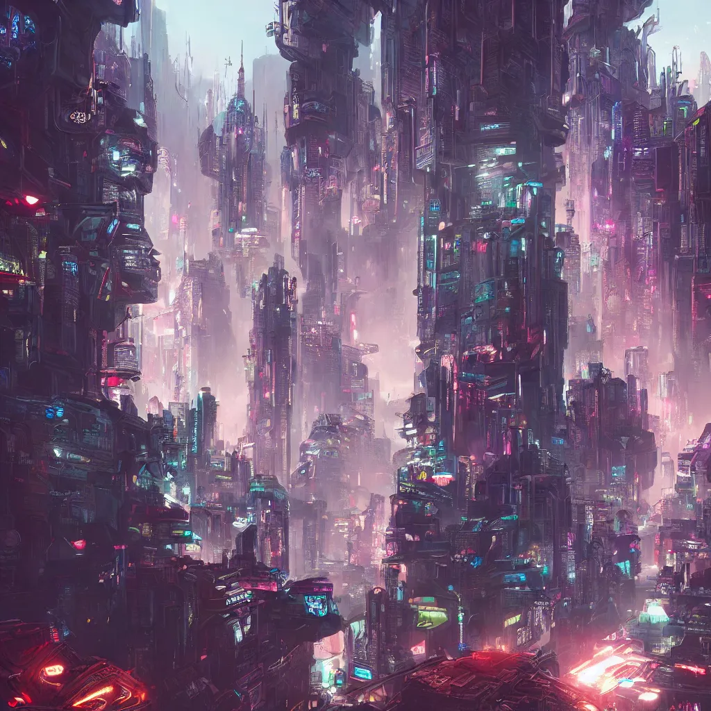Prompt: Cyberpunk fantasy city, Artstation