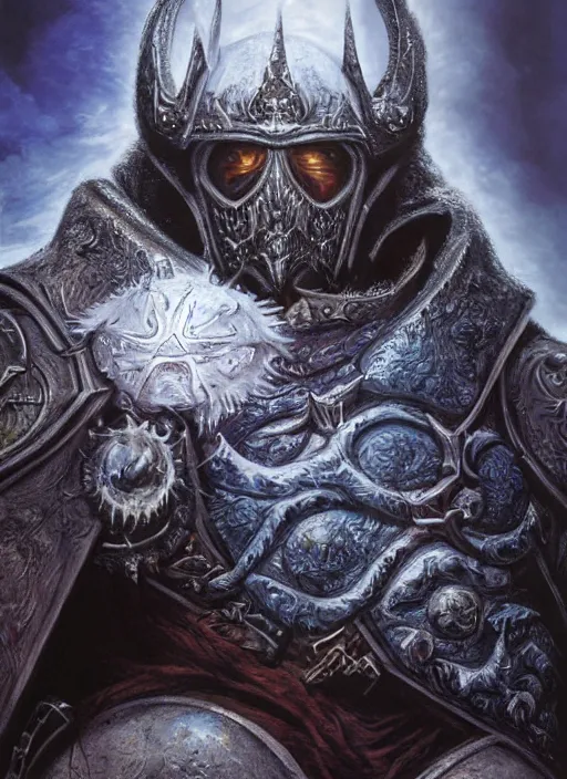 Image similar to hyper realist render of the portrait of lich king by wayne berlowe