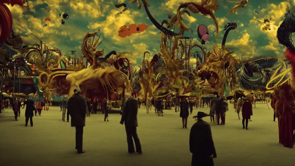 Prompt: the strange creature at the carnival, , film still from the movie directed by Denis Villeneuve with art direction by Salvador Dalí, wide lens