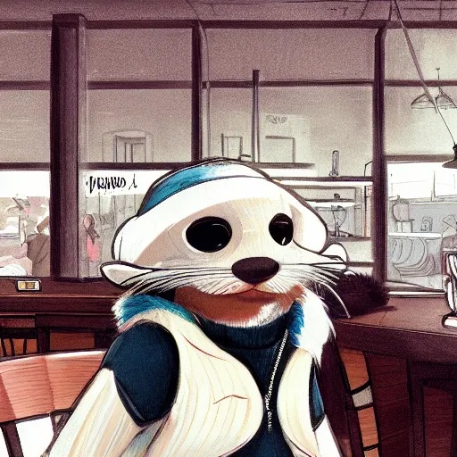 Image similar to anthropomorphic furry otter wearing cool clothes in a coffee shop, trending on art station, furaffinity, syd mead