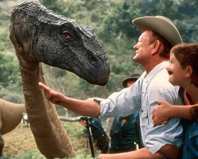 Prompt: john wayne as alan grant petting brachiosaurus in jurassic park movie still