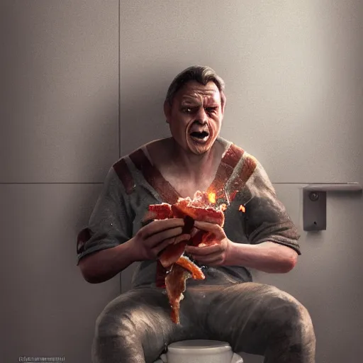 Prompt: ( ( viktor orban ) ) with realistic face sitting on the toilet and eating bacon by greg rutkowski, highly detailed, octane render, 4 k, 8 k, hdr, cgsociety, amazing lightning, masterpiece