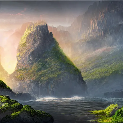 Image similar to basalt cliffs and mountains, floating islands fantasy landscape, high detail, fantasy art, concept art, 4 k, ultra detail, computer art