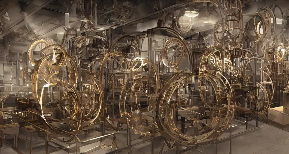 Prompt: a complex machine that makes bagels, detailed 3 d render, brass and wood mechanisms, clockwork machines, elaborate rube goldberg style, volumetric lighting, realistic, dramatic