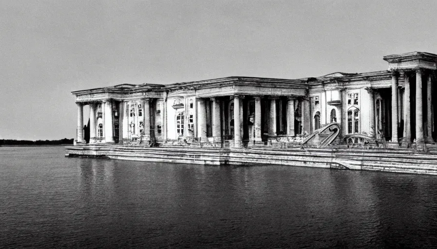 Prompt: 1 9 7 0 s movie still by andrei tarkovsky of a neoclassical sphere palace with a lake in the middle, by piranesi, heavy grain, high quality, high detailed, panoramic, ultra wide lens