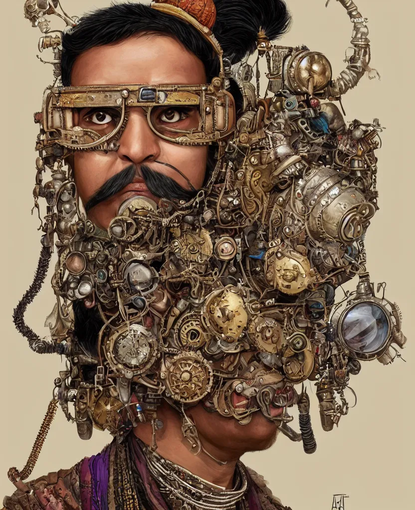 Prompt: face portrait of an indian man with long kawai moustache rajasthani headgear wearing madmax style steampunk goggles and steampunk jewelry, art by peter mohrbacher and craig mullins, sticker, isolated on white background, colorful, illustration, highly detailed, simple, smooth and clean vector curves, no jagged lines, hyperrealistic, digital painting, cgsociety, artstation, smooth