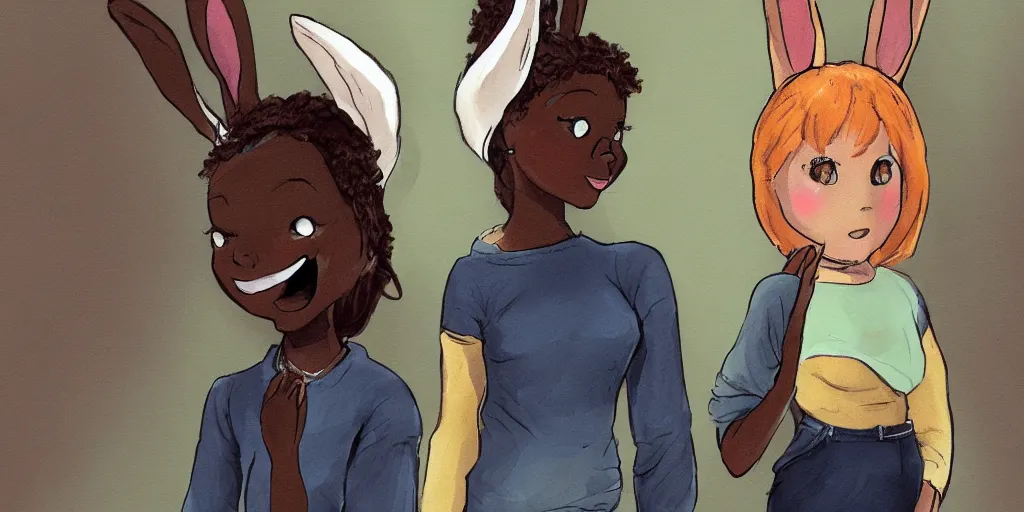 Image similar to women, dark skin, ginger, cartoon, sweatshirt, concept art, concept art, bunny ears,