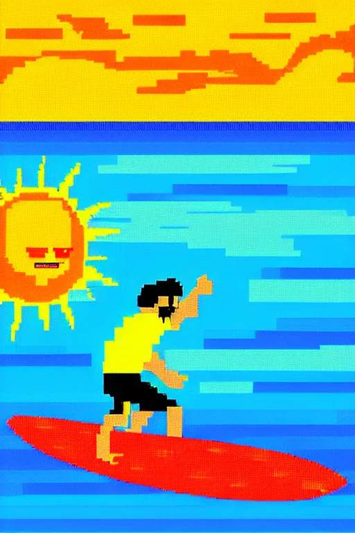 Image similar to a surfer on surfboard on a big wave. sun and sea. colorful. pixelart.