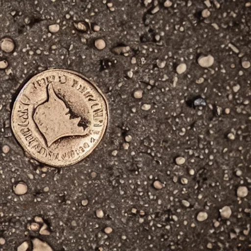 Image similar to macro shot of a coin glued to the floor, 8k, close up on the dirty glue contacting the floor and the coin