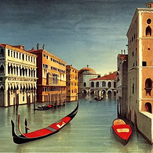 Prompt: Venice in 2075, futuristic, matte painting by Giorgio de Chirico and David A. Hardy