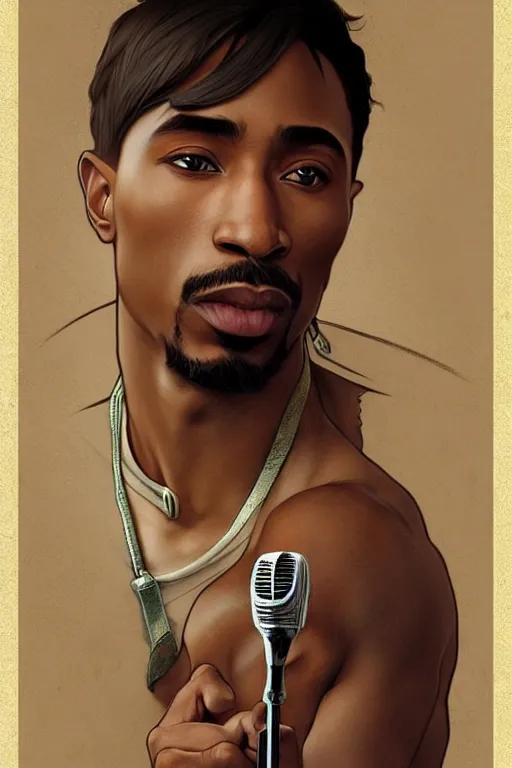 Prompt: beautiful cottagecore male tupac holding a microphone. intricate, elegant. highly detailed, digital painting, artstation, concept art, smooth, sharp, focus, illustration. . art by artgerm and greg rutkowski and alphonse mucha