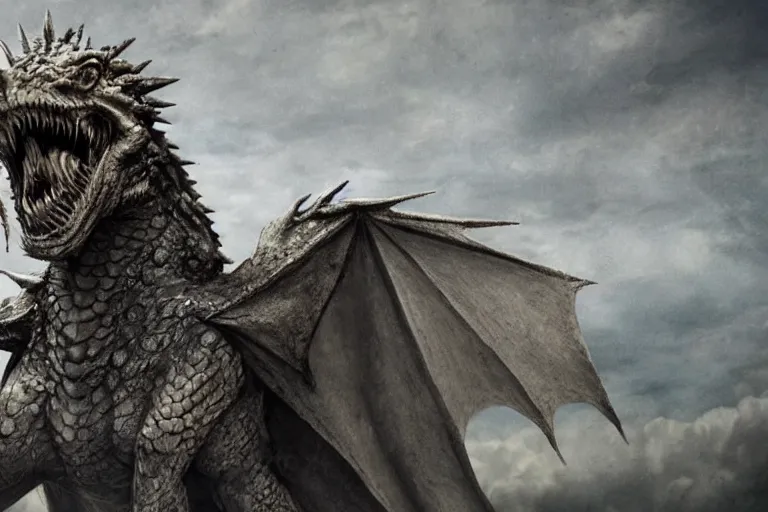 Prompt: photo of sad dragon from game of thrones on the sreets of depressive soviet russia, photorealism,