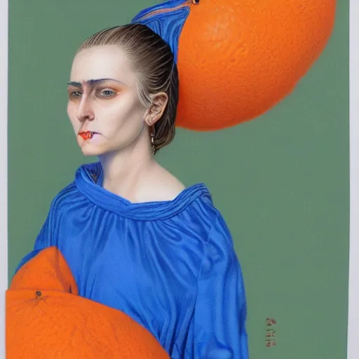Image similar to frontal portrait of a woman with an orange and blue maximalist garment, by wayne barlowe
