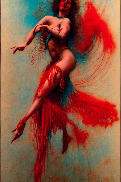 Prompt: red and turquoise raving bellydancer in the style of wayne barlowe, gustav moreau, goward, bussiere, roberto ferri, santiago caruso, luis ricardo falero, austin osman spare