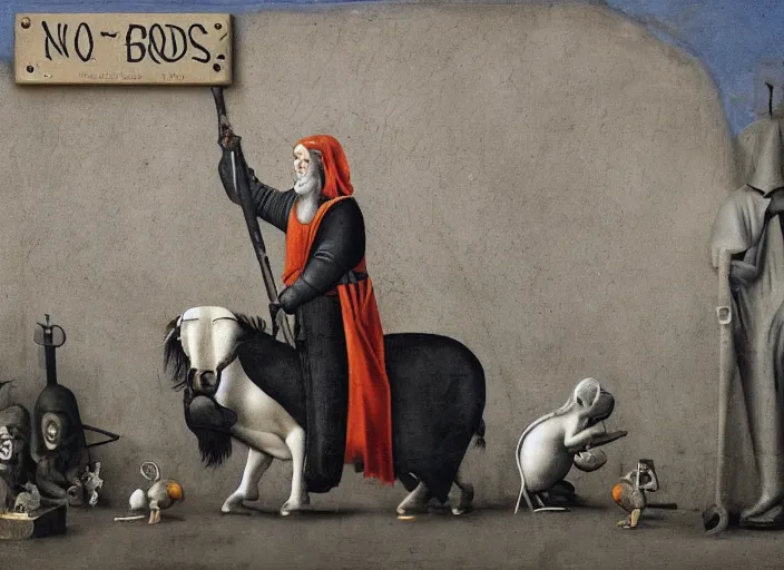 Prompt: no gods no masters, by bosch and banksy