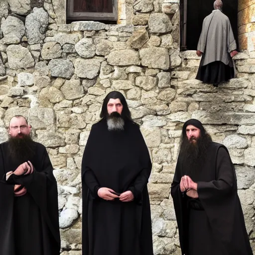 Prompt: photo of breton monks looking like rasputin with with athos monks on athos, with a goat