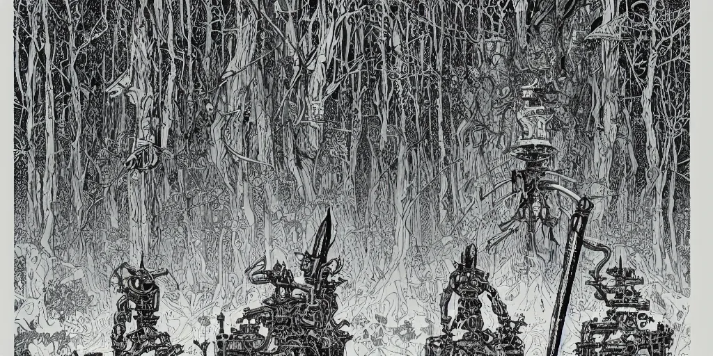 Prompt: grainy risograph, huge floating sword against huge robot machine with three heads, close - up, matte colors, in the dense forest, highly detailed, artstation, intricate - detailed, by moebius, jack gaughan, lehr paul, manga 2 0 0 0