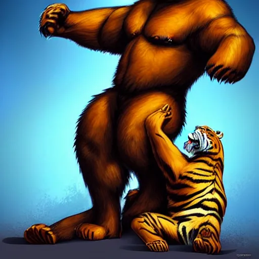 Prompt: in the style of Rafeal Albuquerque and artgerm, giant bear fighting a tiger in a prison