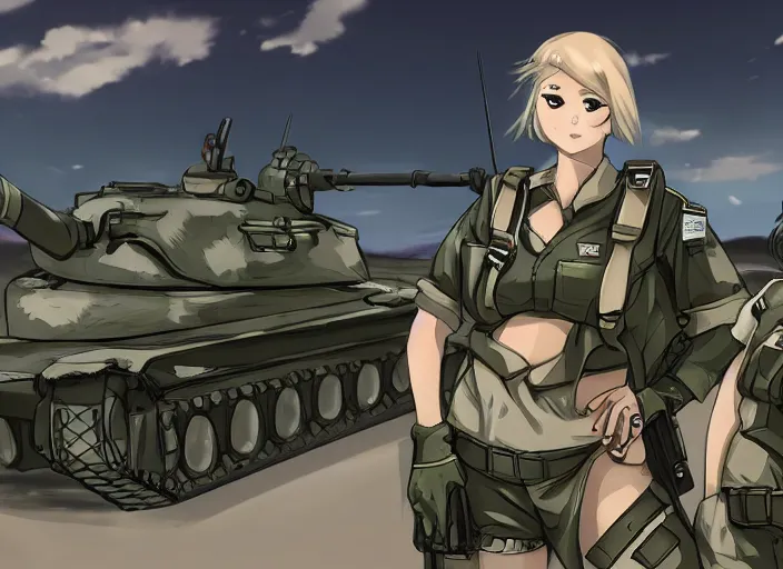 Prompt: female tank crew posing triumphantly next to their tank, anime, trending on pixiv, 4 k