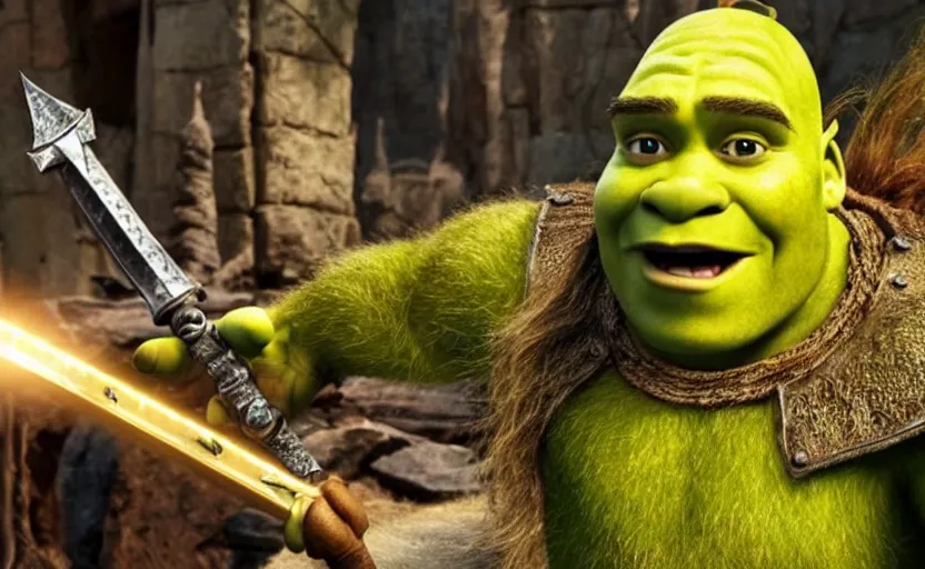 Prompt: Movie still of shrek wearing warrior armor showing his golden sword