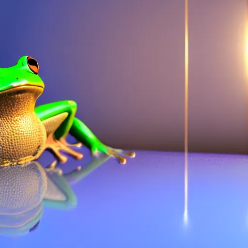 Image similar to The Wednesday frog and all his orbs hanging out, high quality render, realistic reflections, reflective surfaces, natural lighting, the orbs of BYOB, The Wednesday Frog, background details, highly a detailed, hyper realistic, orbs, orbs, orbs