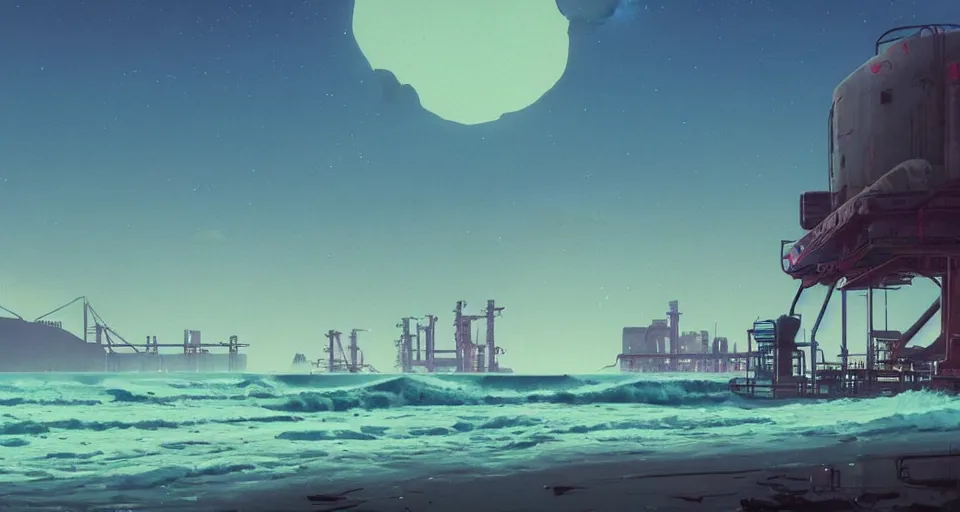 Prompt: A very beautiful serene coastal landscape scene with a GIANT INDUSTRIAL OIL RIGGING FACTORY looming in the distance, bright SUNSET waves splashing on the beach, rendered by simon stålenhag, rendered by Beeple, Makoto Shinkai, syd meade, environment concept, digital art, starwars, Gundam Style, unreal engine, 3 point perspective, WLOP, trending on artstation, low level, 4K UHD image, octane render,