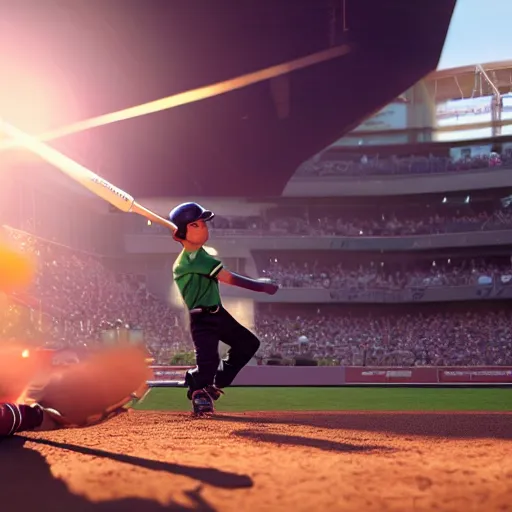 Image similar to a boy hitting a homerun in a baseball game on an idyllic beautiful summer day. Close up. Asian boy with black hair and green eyes. Lens flare. Golden hour. Craig Mullins. Ruan Jia Makoto shinkai.