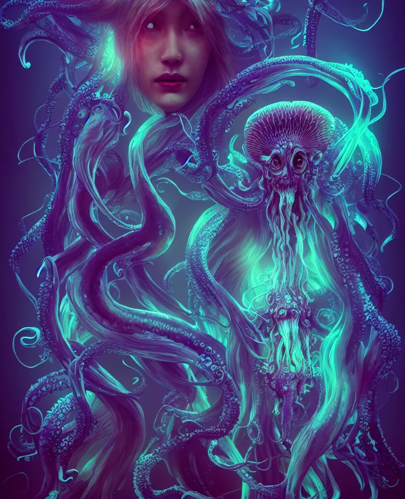 Image similar to cthulhu goddess close - up portrait, squid coming from woman eyes, phoenix jellyfish, orchid, betta fish, bioluminiscent, intricate artwork by tooth wu and wlop and beeple. octane render, trending on artstation, greg rutkowski very coherent symmetrical artwork. cinematic, hyper realism, high detail, octane render, 8 k